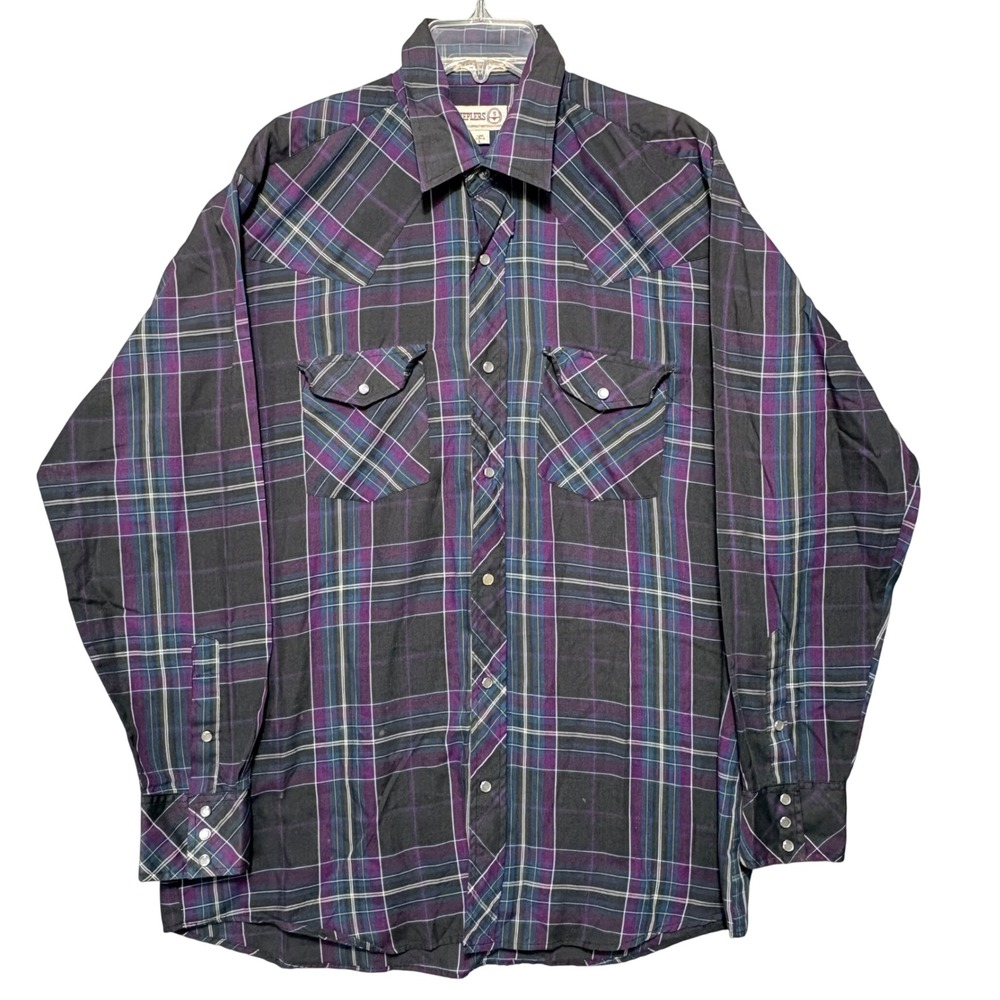 Sheplers Pearl Snap Shirt Mens L Purple Black Plaid Rodeo Western Long Sleeve